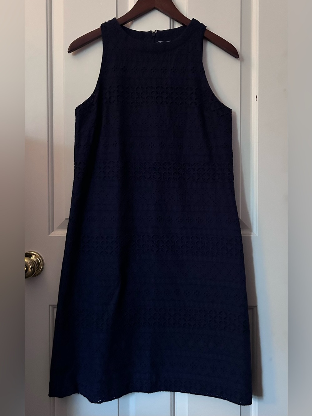 IZOD Navy Blue Cotton Eyelet Shift Dress Size Small Petite